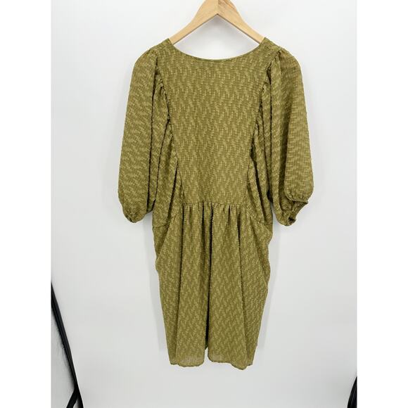 Ophelia Roe Dress Women 2X Mustard Yellow Textured Midi Dress Boho Cottagecore - Picture 2 of 8